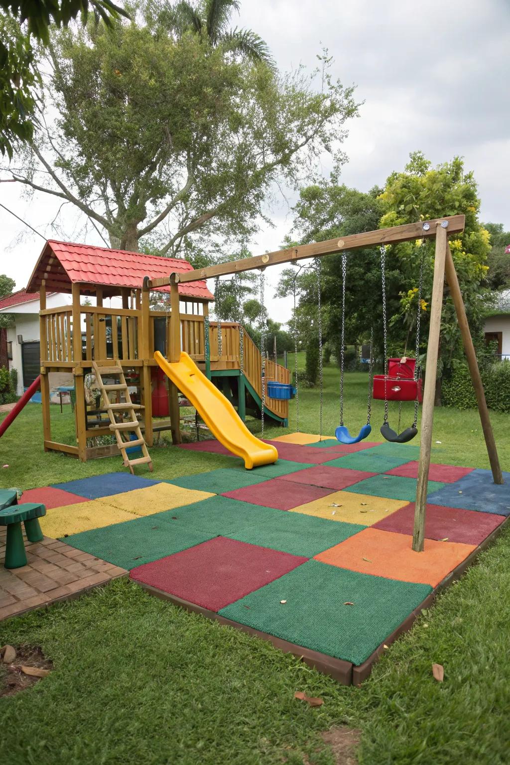 Rubber mats offer a safe and vibrant playground surface.