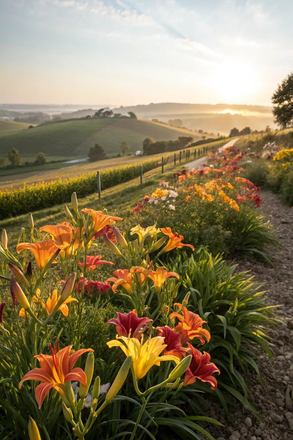 Daylilies in full bloom, showcasing a burst of color in an Iowa garden.