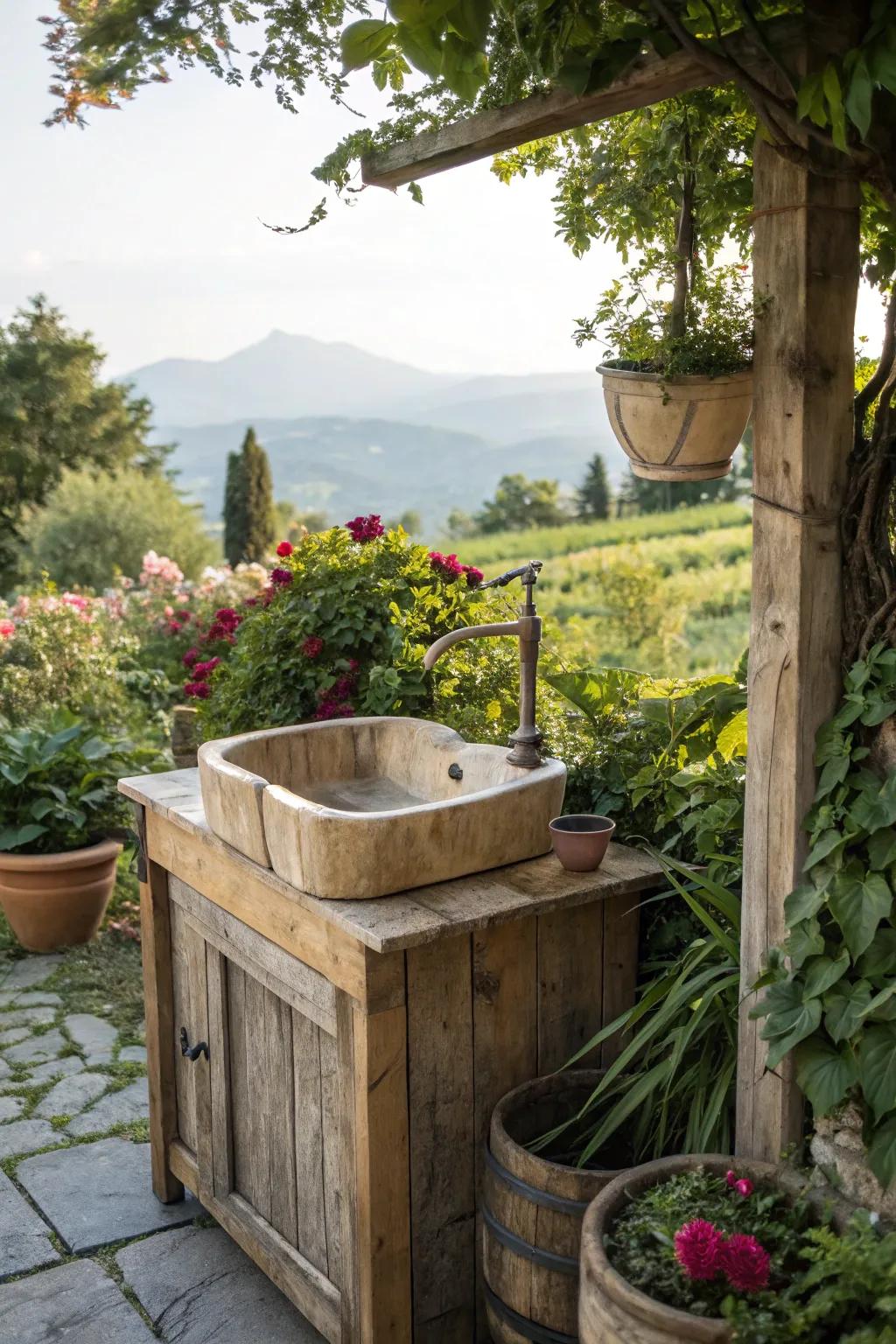 A rustic wooden sink brings a touch of nature to your garden setup.