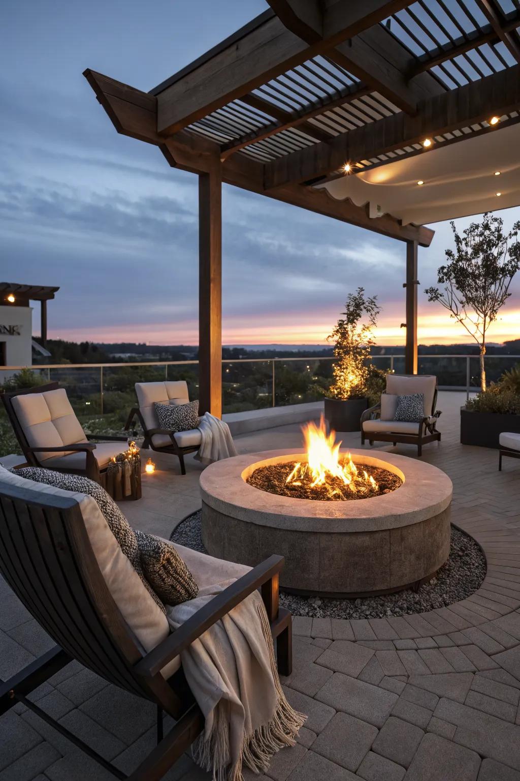 A central fire pit creating a cozy gathering spot on the patio