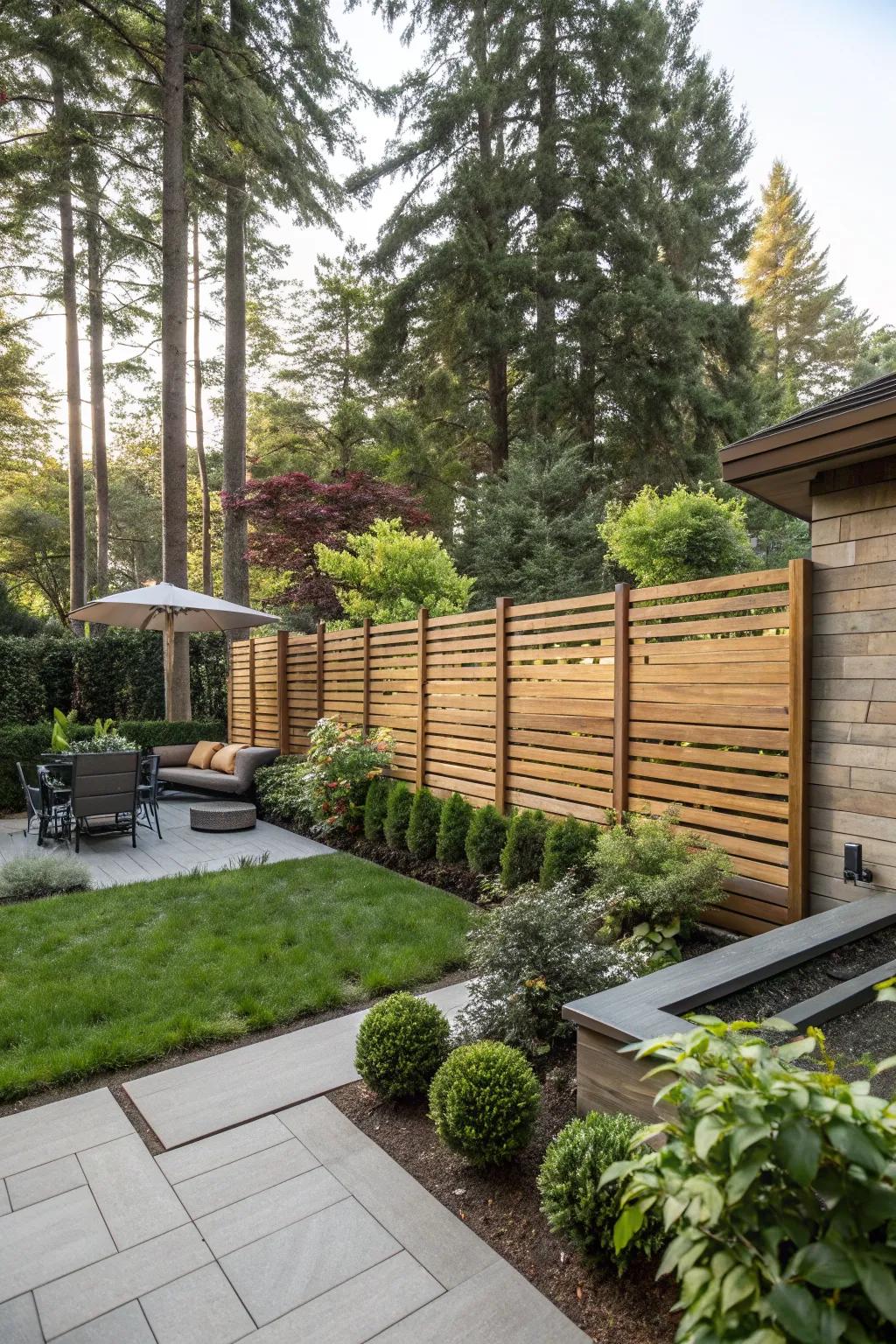 Modern horizontal wood slats for a sleek and stylish backyard.