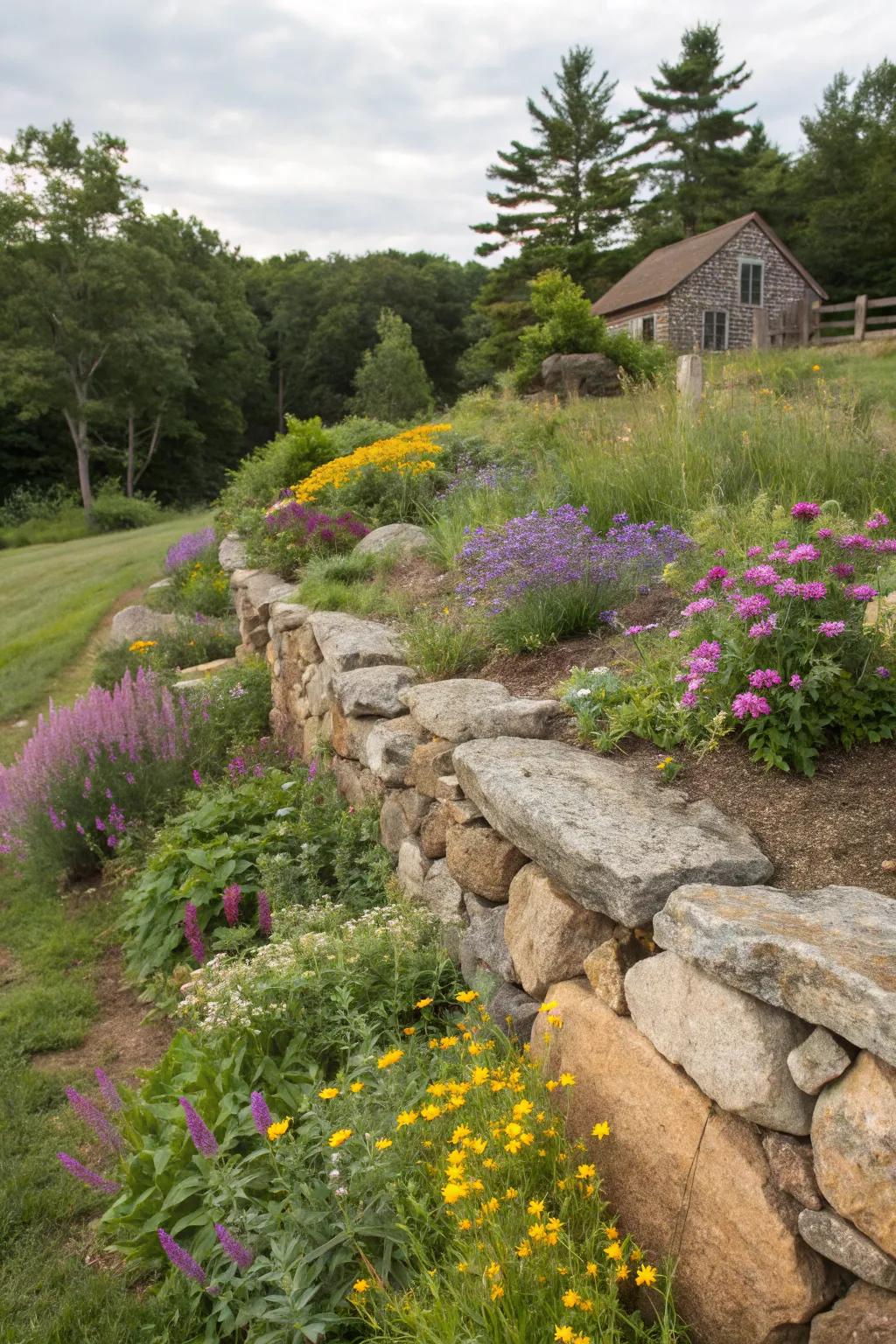 Natural stone walls add rustic elegance to any garden.