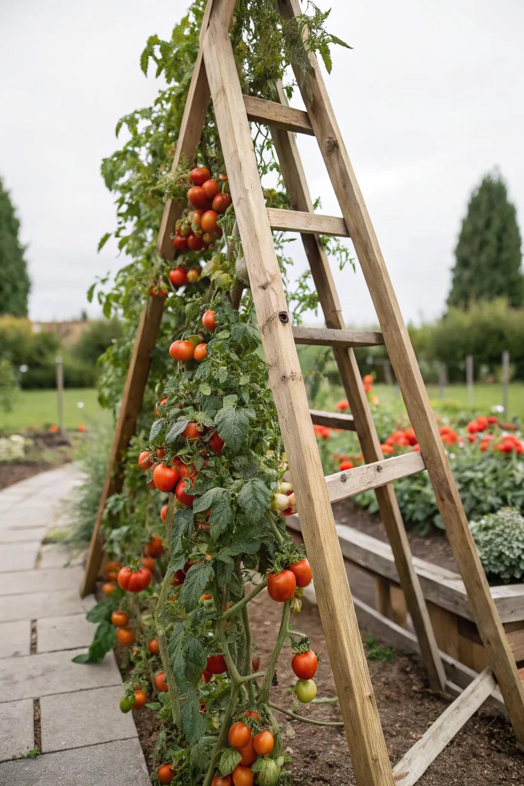 A rustic wooden A-frame trellis beautifully supports lush tomato plants.