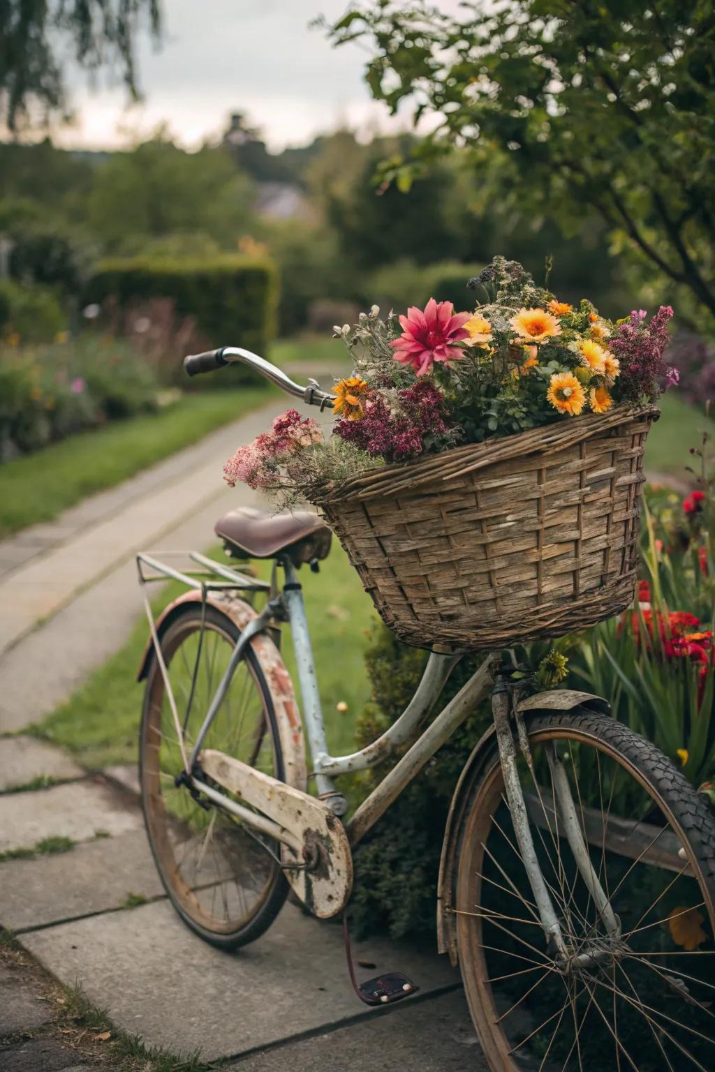 Breathing new life into vintage bicycles with vibrant floral displays.
