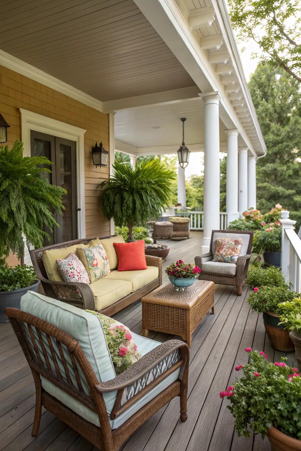 Comfortable seating transforms your porch into a social hub.