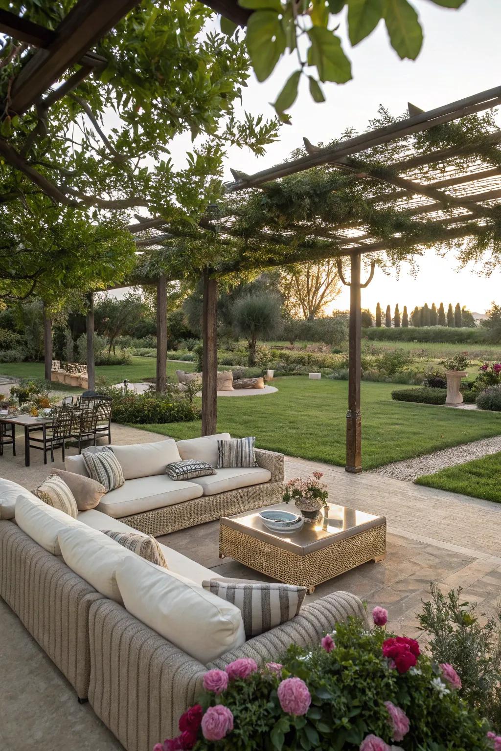 A cozy outdoor seating area with plush cushions under a shaded pergola.