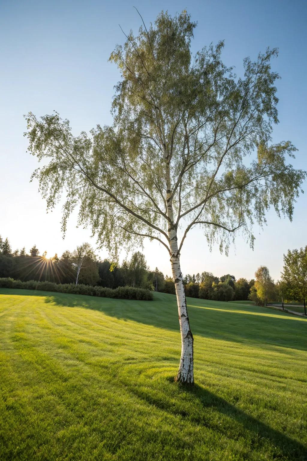 A solitary birch tree turns a simple lawn into a captivating display.