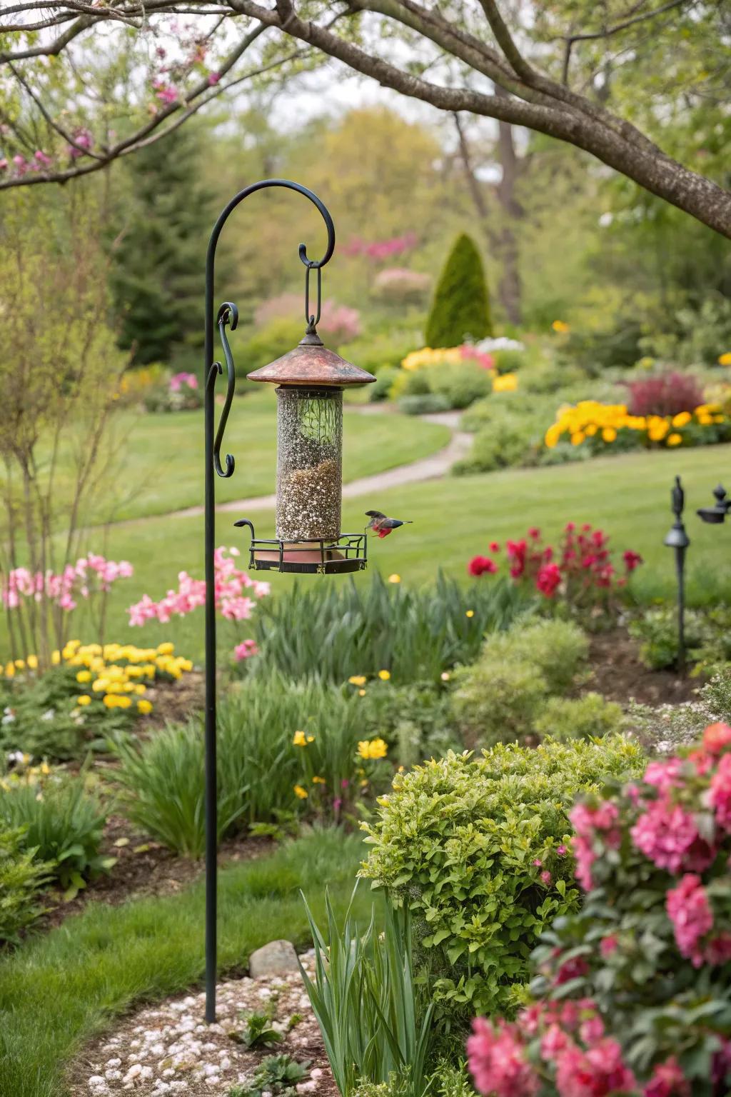 A classic shepherd's hook brings elegance to any garden.