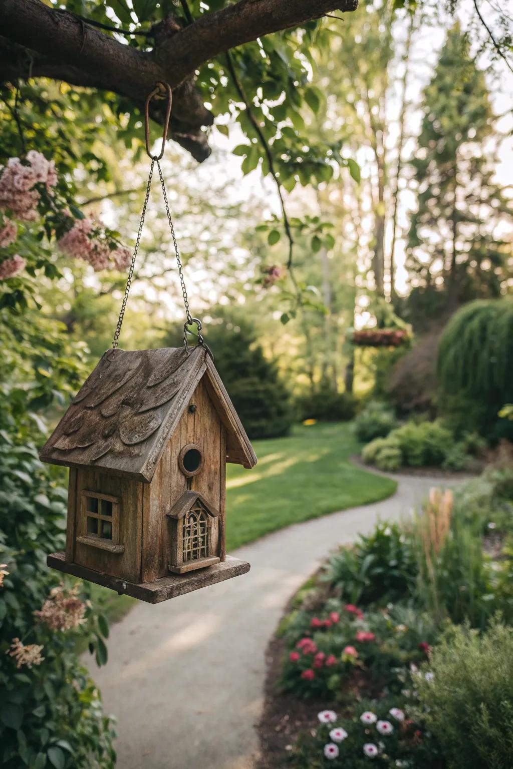 Create a welcoming home for nesting birds with a charming birdhouse.