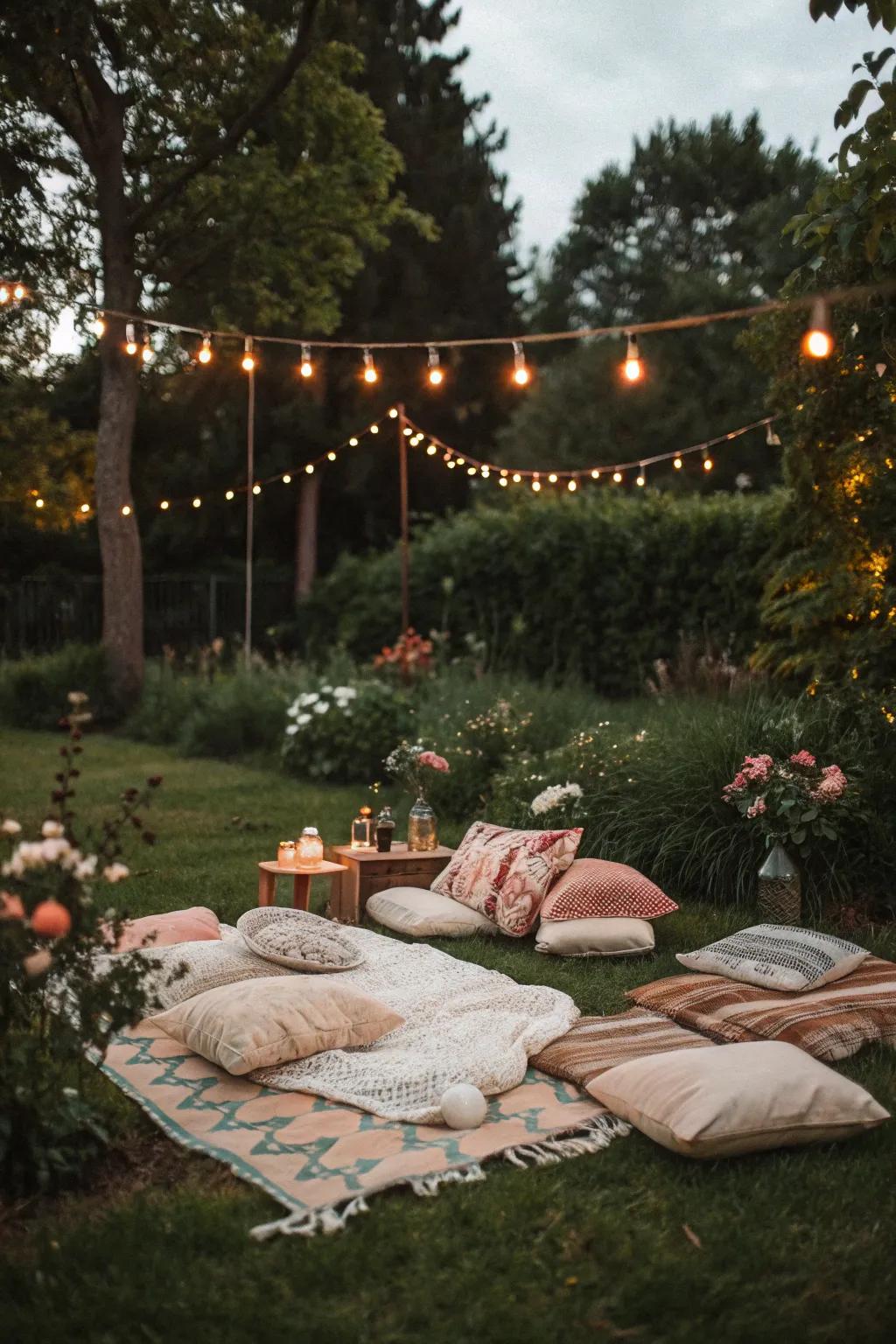 A cozy garden picnic setup with blankets, cushions, and enchanting string lights.