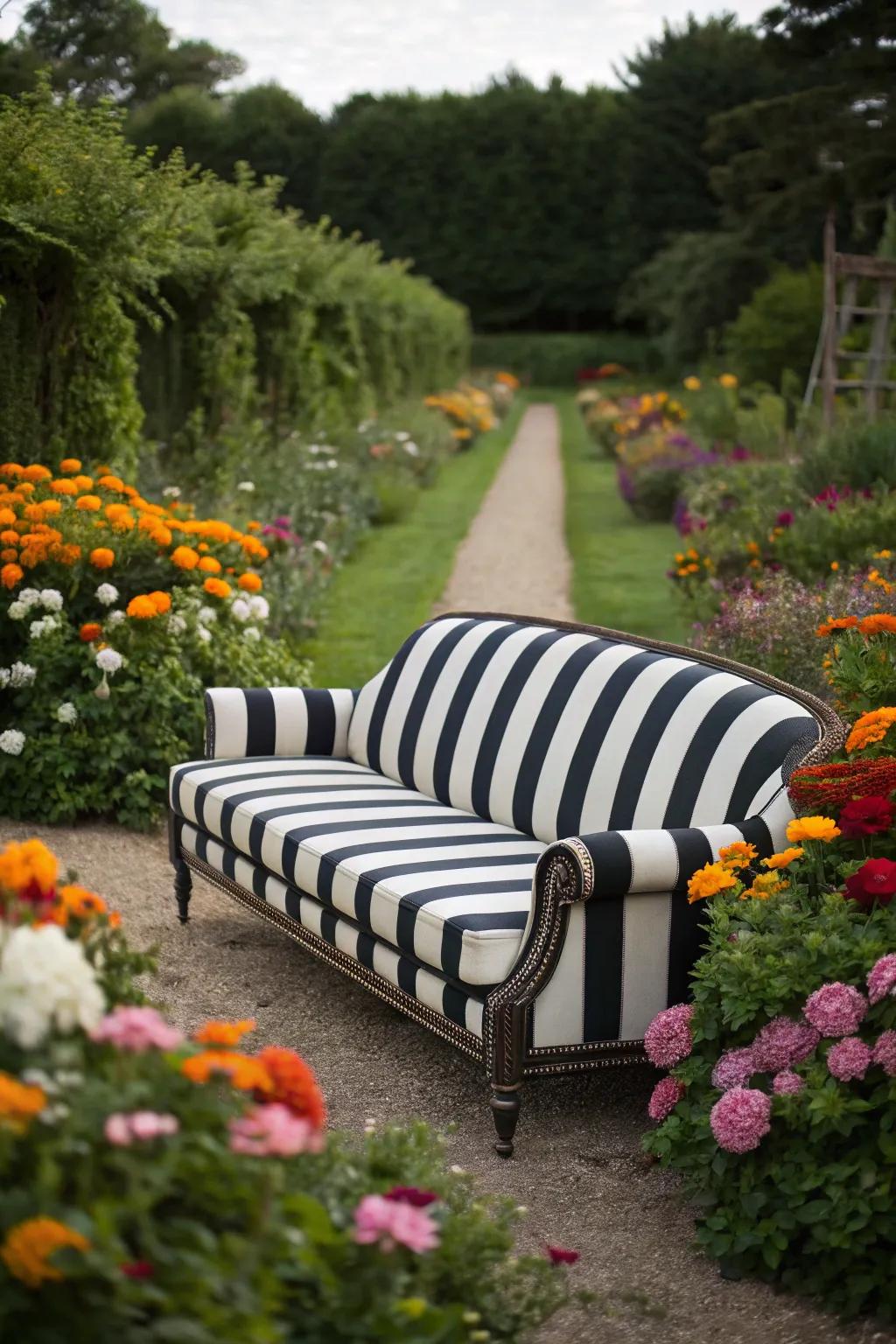 A sophisticated garden seating area with a black and white striped sofa.
