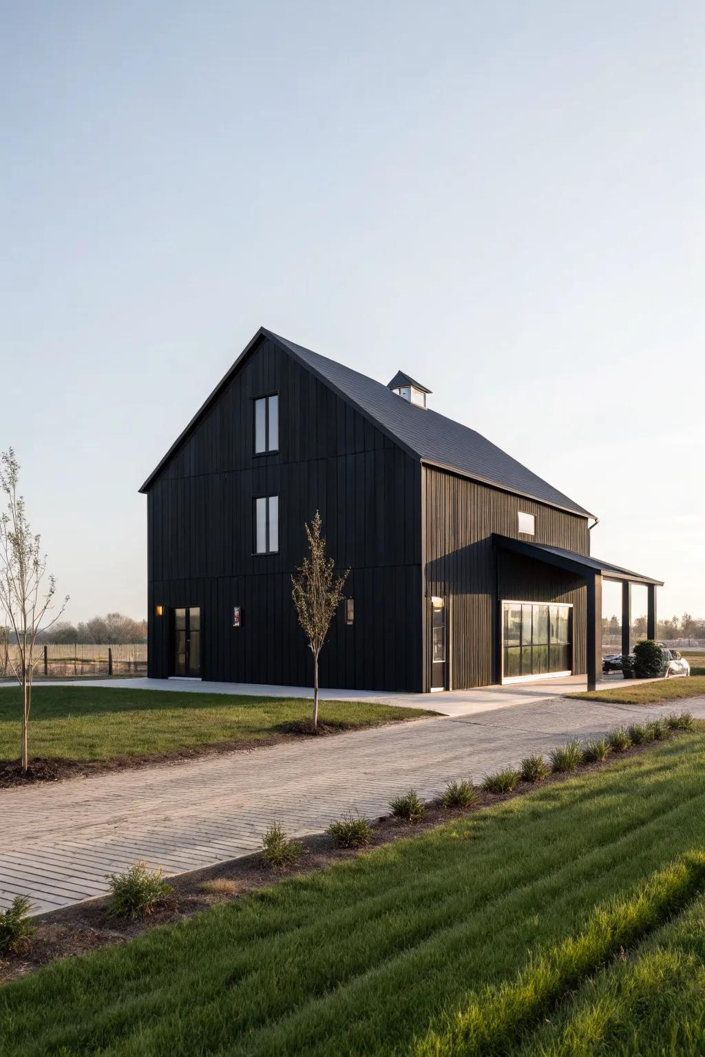 A modern black barn showcasing clean lines and contemporary finishes.