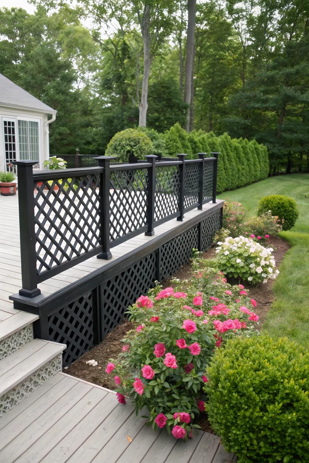 Classic black lattice skirting adds timeless charm to any deck.