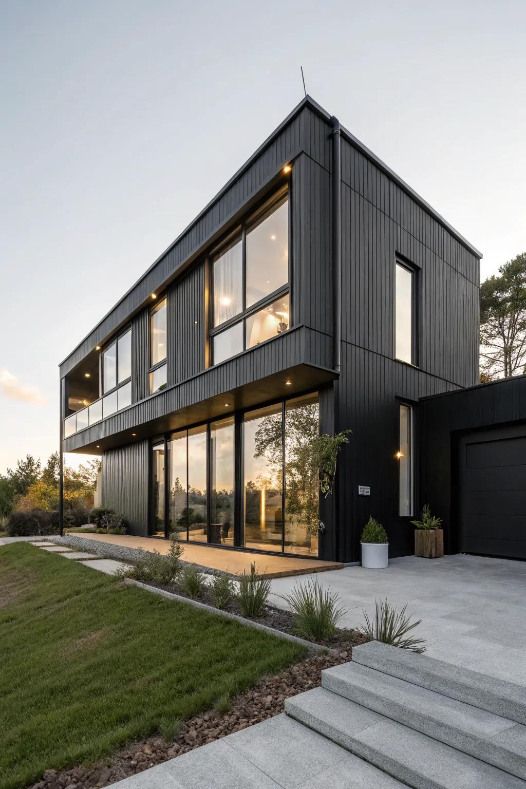 Minimalist black exterior with expansive windows.