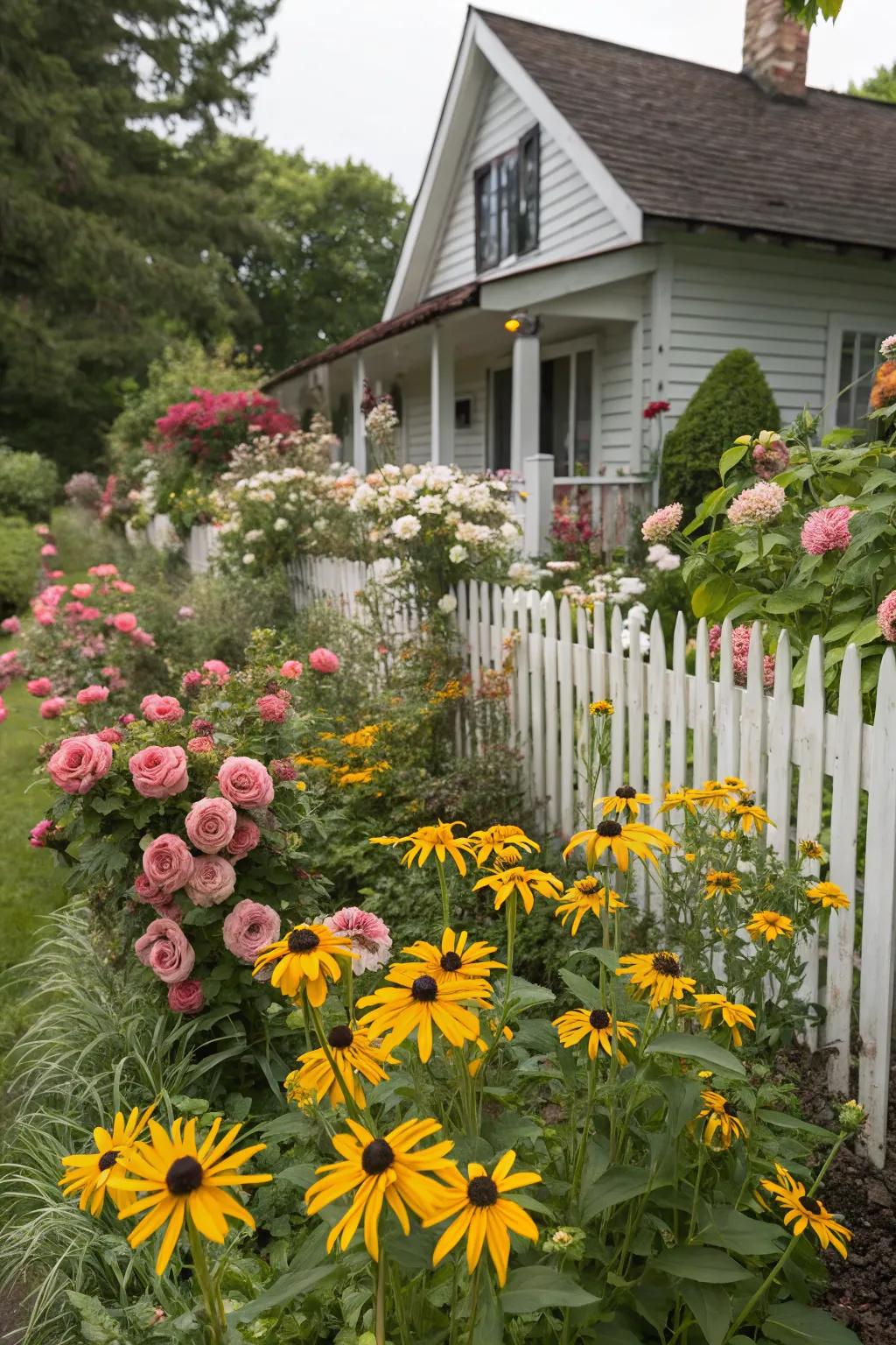 Cottage garden charm with black-eyed Susans and roses.