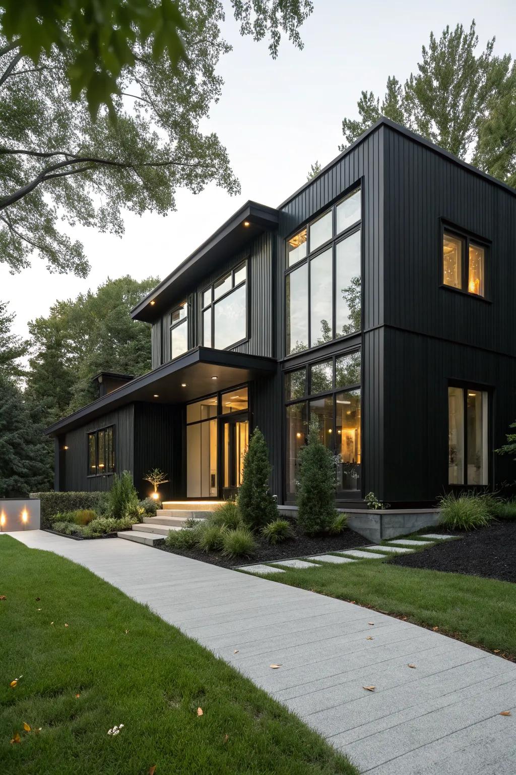 A modern architectural black house with striking geometric shapes.