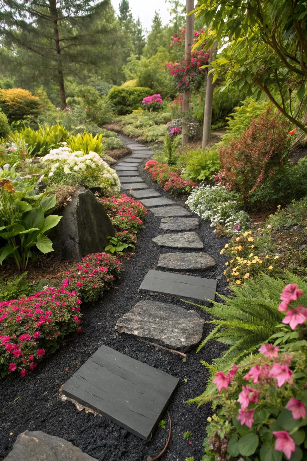 A garden pathway with black mulch and stepping stones for a refined look.