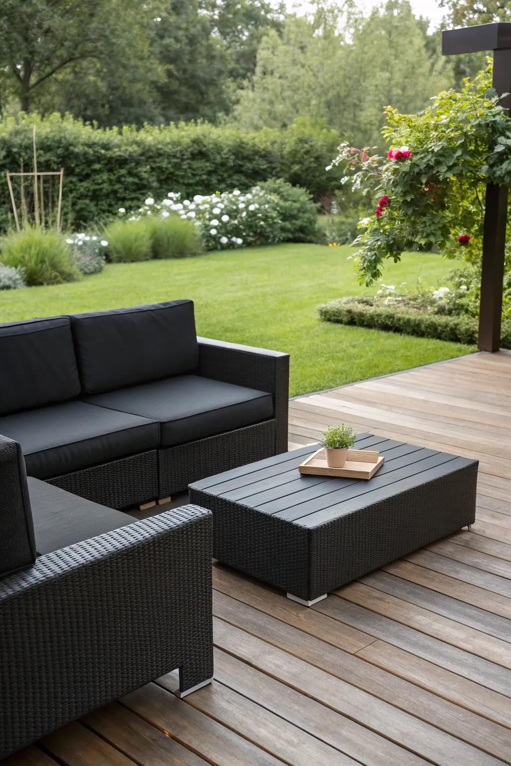 Elegant black furniture brings a modern touch to your deck.
