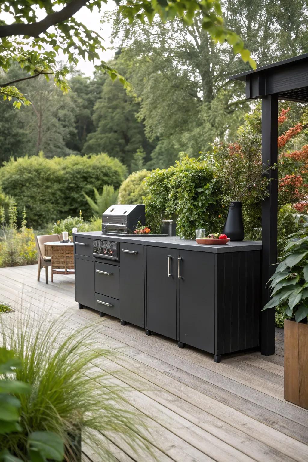 Modern black cabinets enhance the stylish look of an outdoor kitchen.