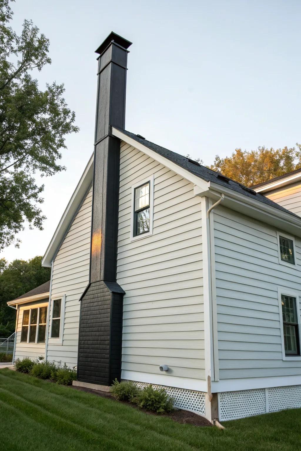 The contrast of light gray siding with a black chimney creates a striking visual.