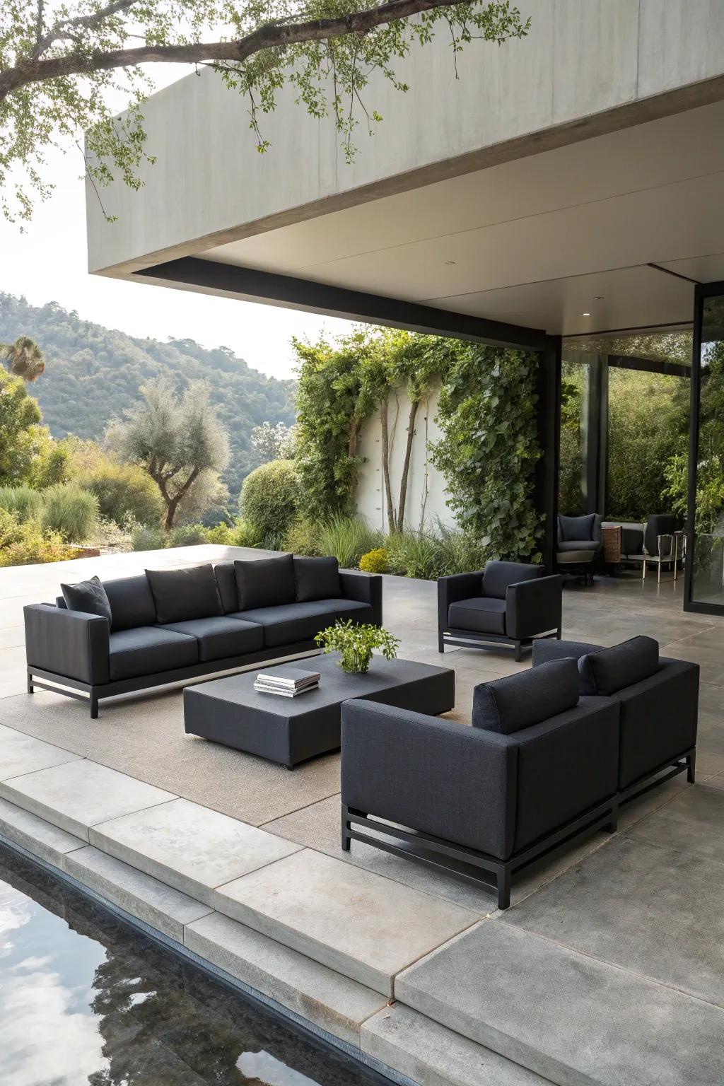 Black modular sofas and chairs create a versatile and stylish outdoor lounge.