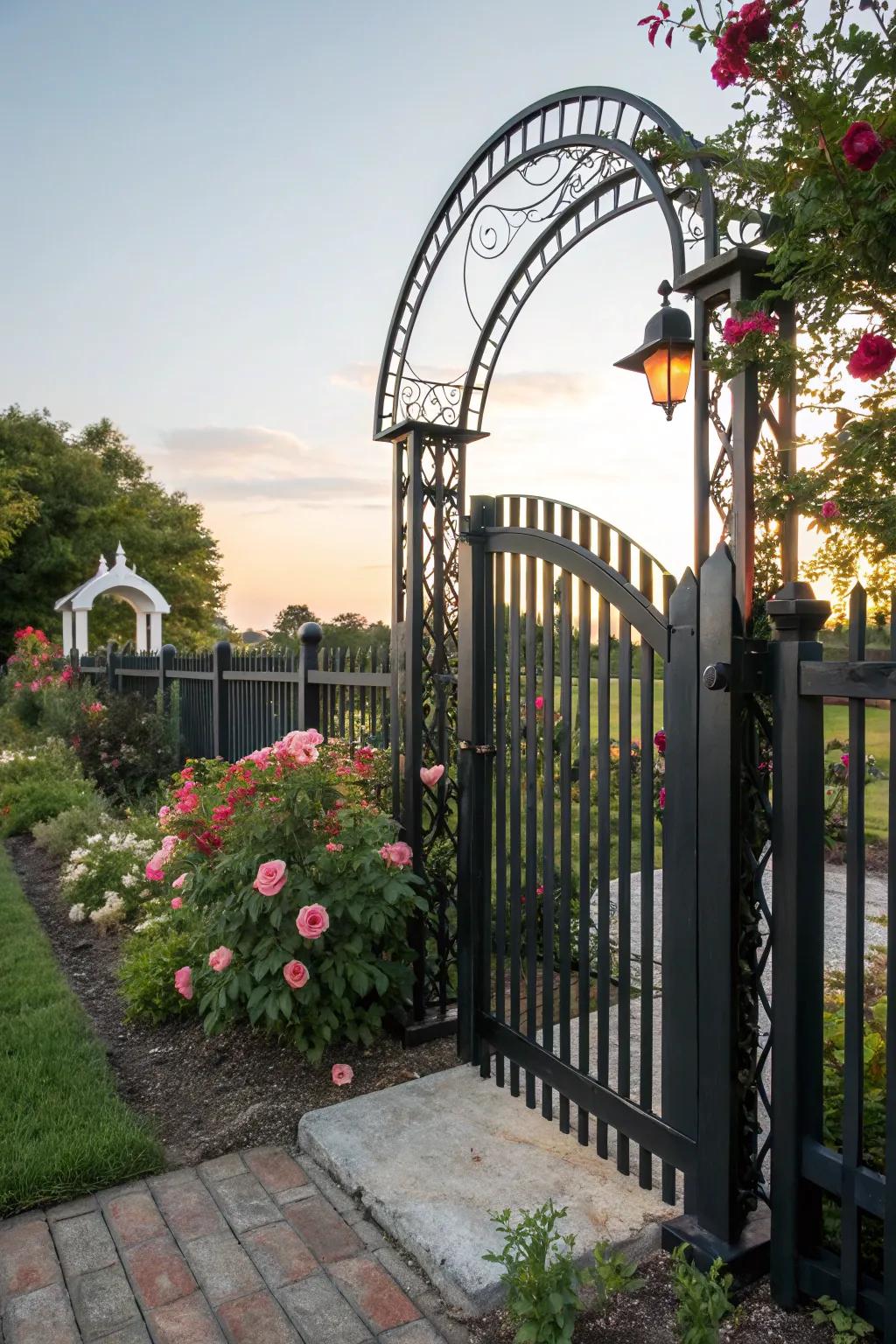 An elegant black picket fence with a decorative archway.