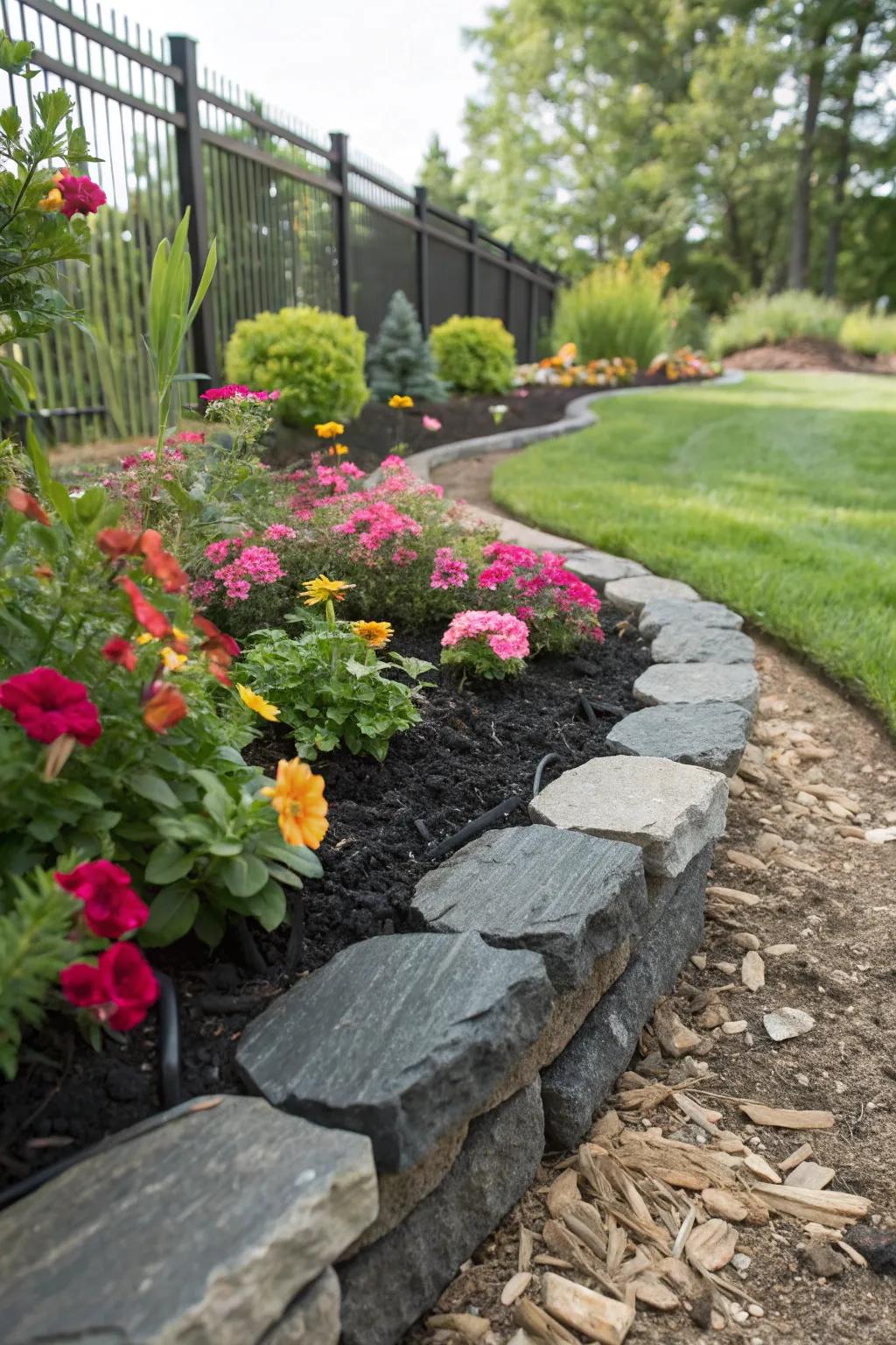 Black rubber mulch neatly defines this elegant garden border.