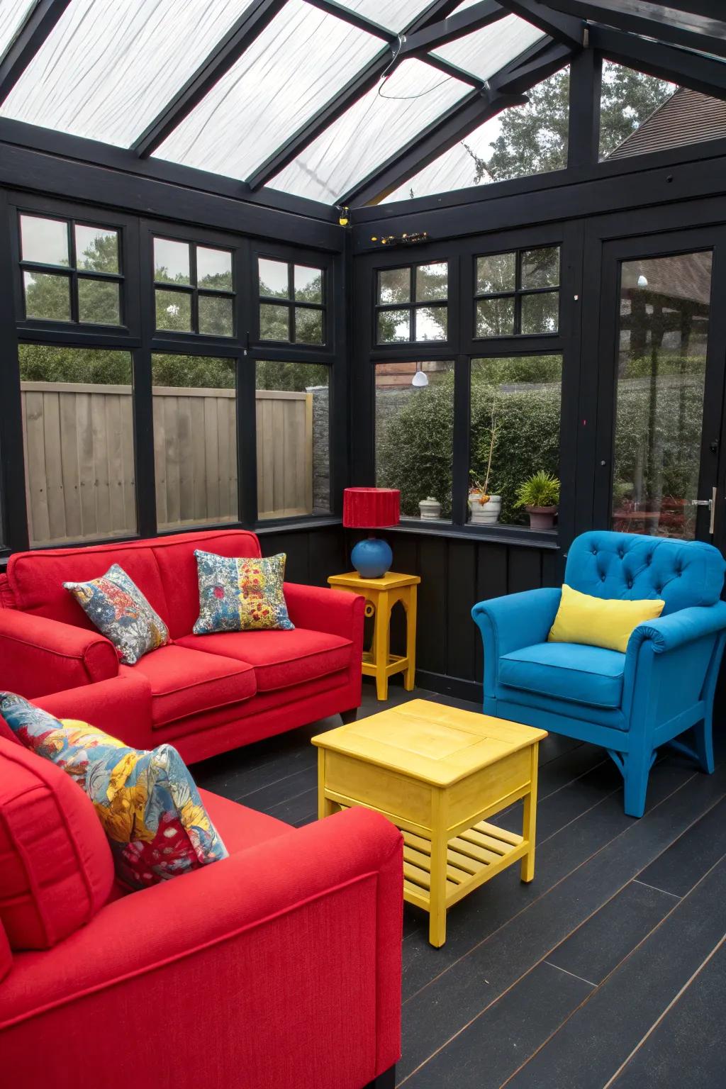 Bold furniture adds a splash of personality to a sophisticated black sunroom.