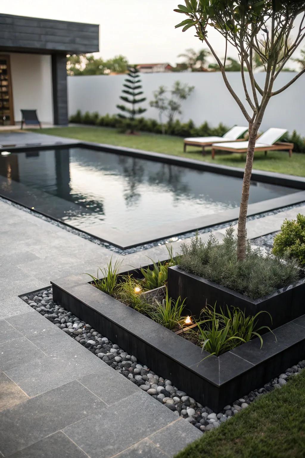 A black geometric pool adds a modern edge to the backyard.
