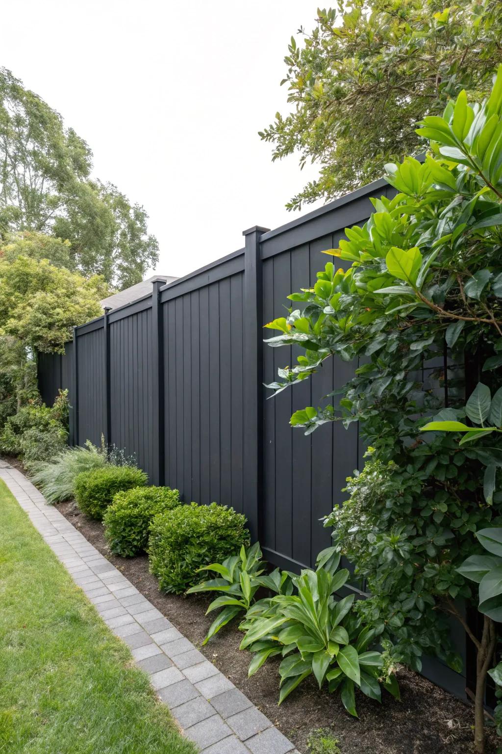Solid black vinyl panels create a sleek and minimalist backdrop for greenery.