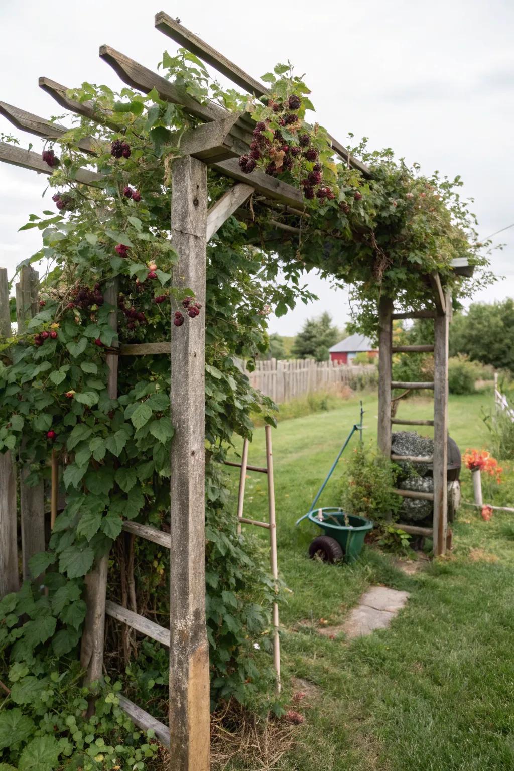 A classic wooden trellis offering robust support for blackberries.