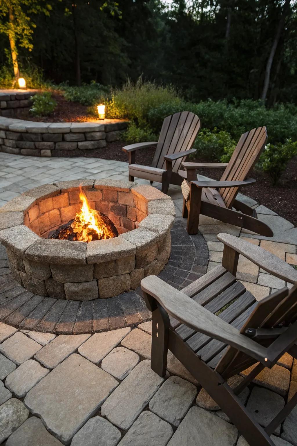 A classic circular block fire pit, perfect for intimate gatherings.