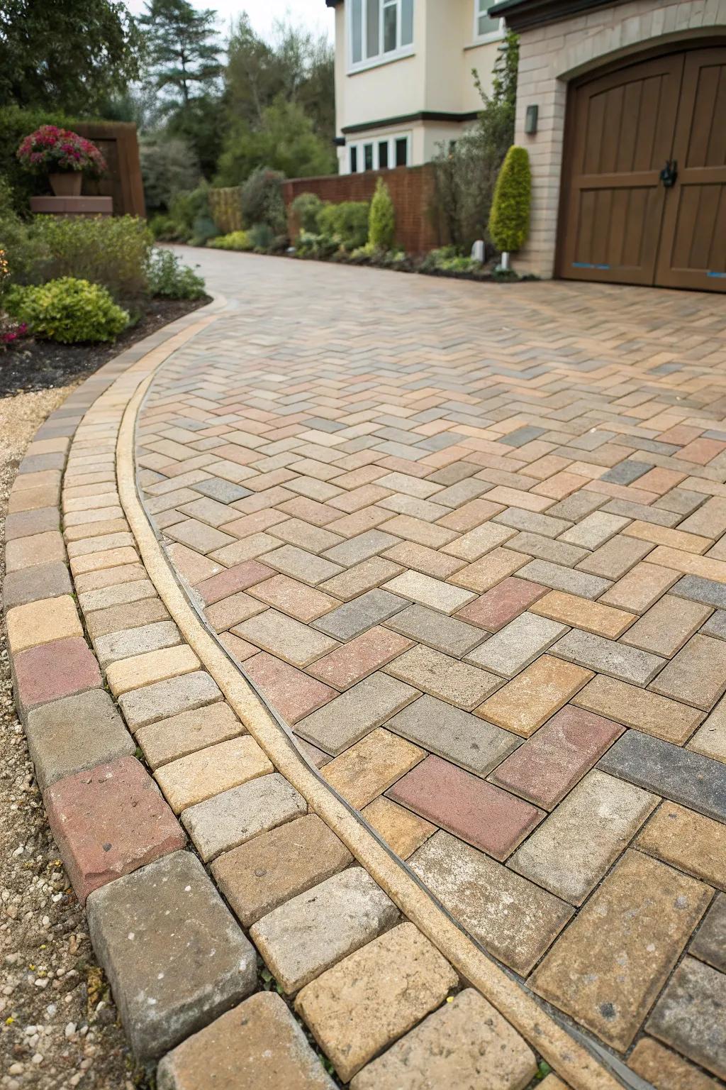 A herringbone patterned driveway in warm, earthy tones