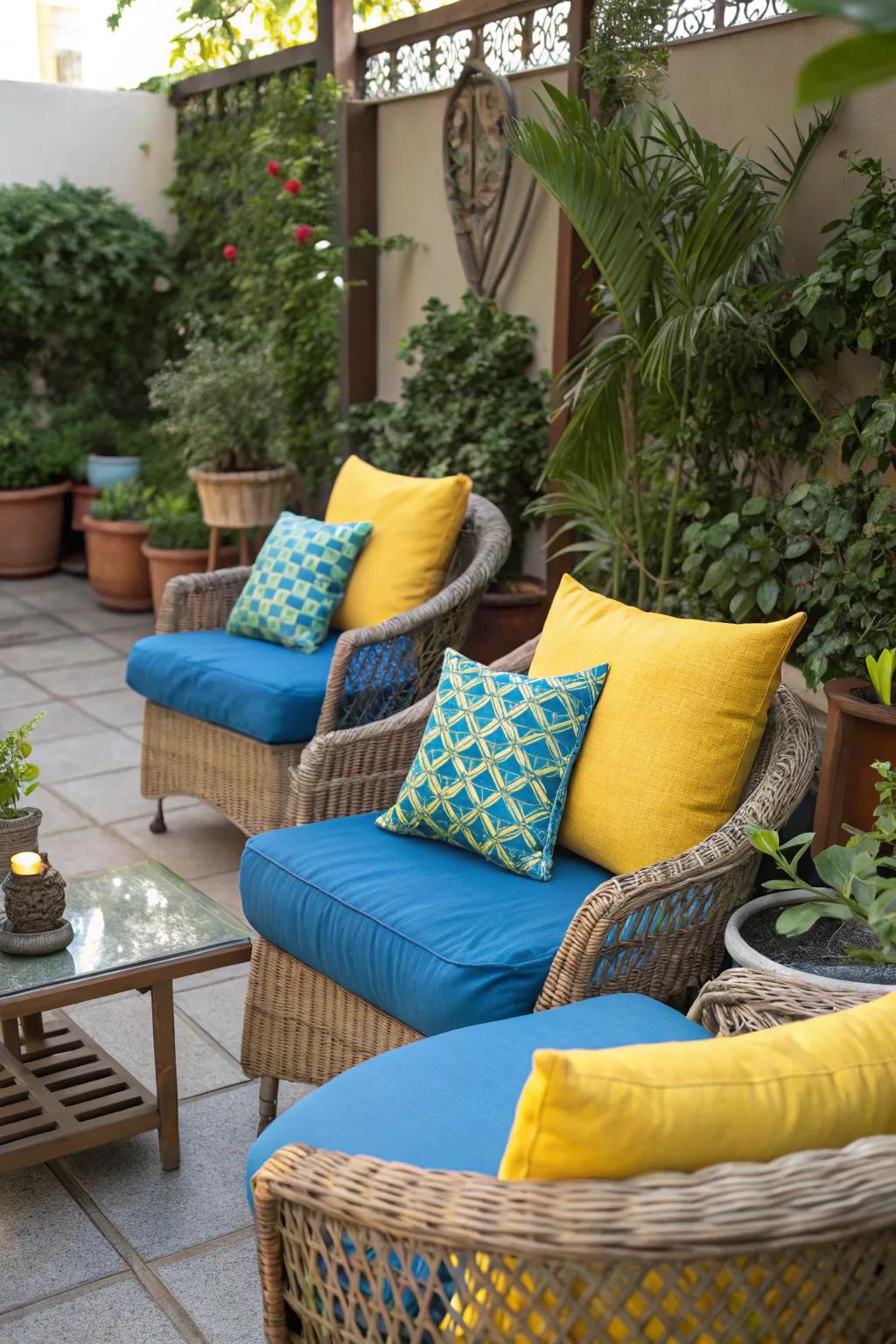 Transform your patio with vibrant blue and yellow cushions.