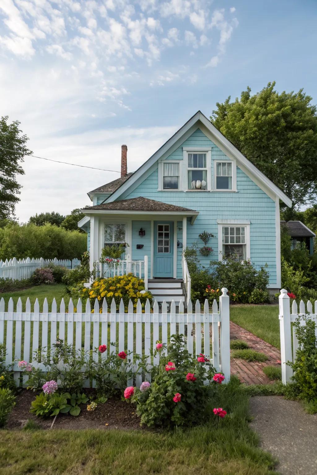 A cottage-style house radiating tranquility with its sky blue exterior.