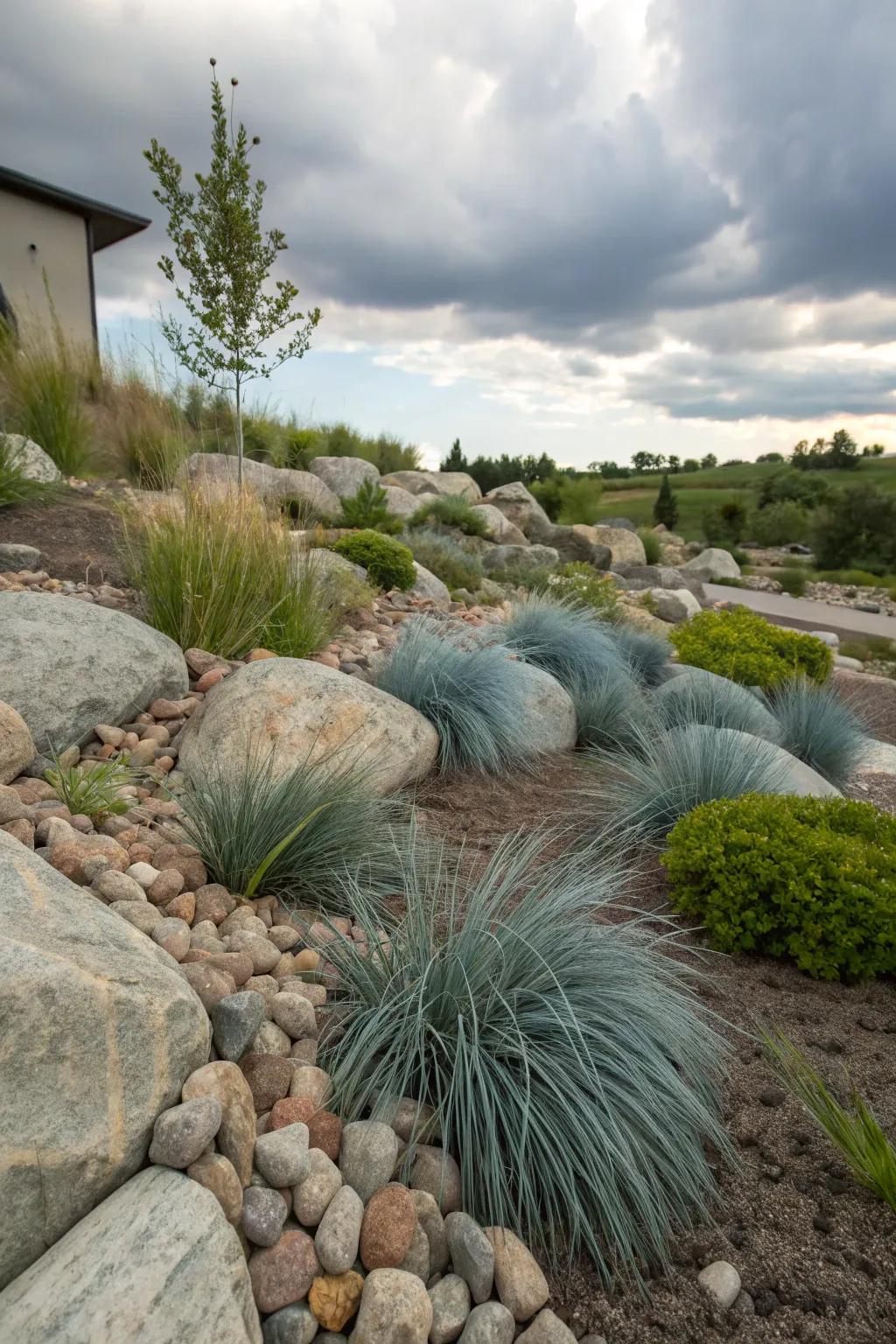 Blue fescue adds texture and color to this charming rock garden.