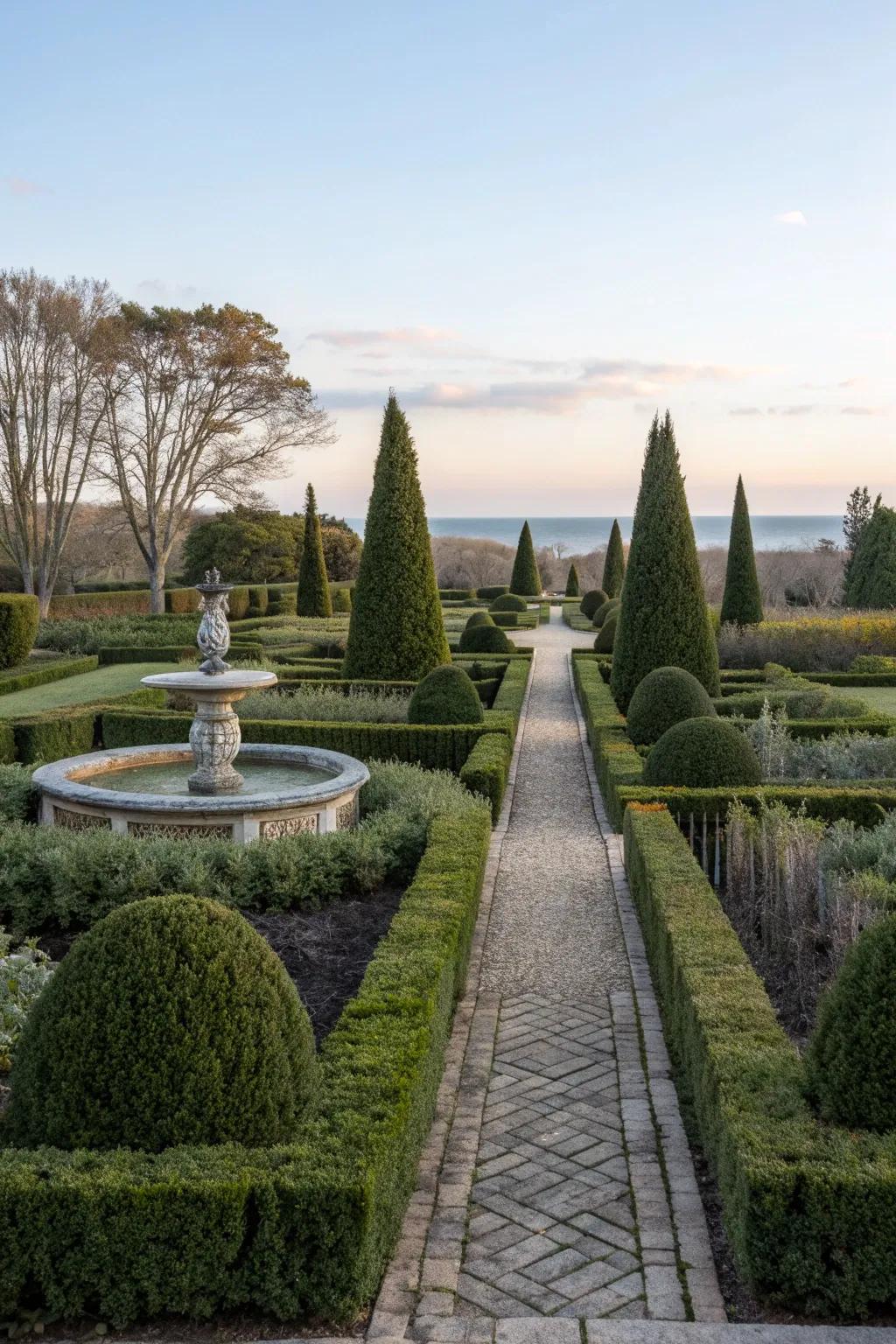 Classic elegance with Blue Point Junipers in a formal garden setting.