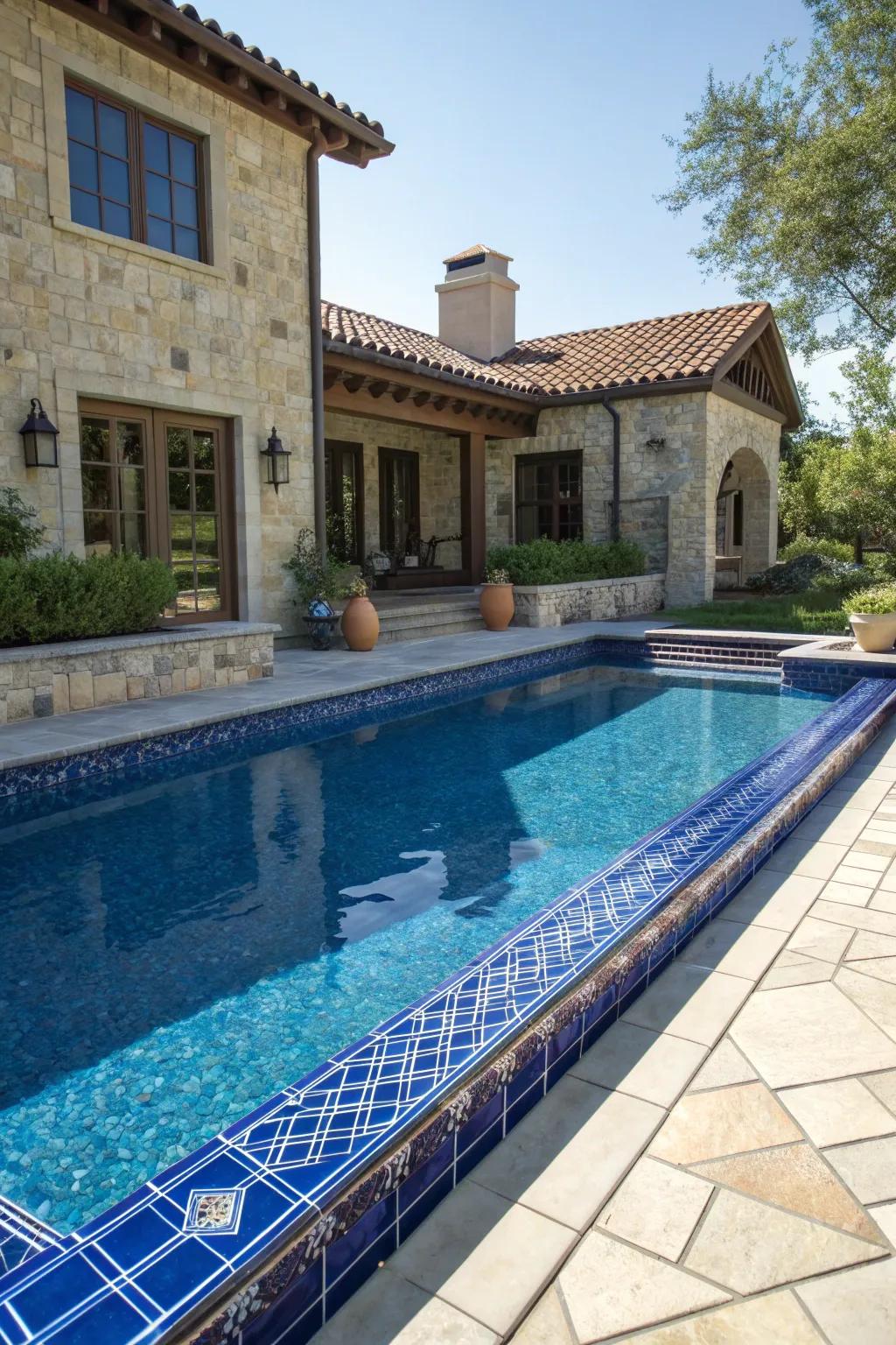 Cobalt blue tiles bring a timeless elegance to pool designs.