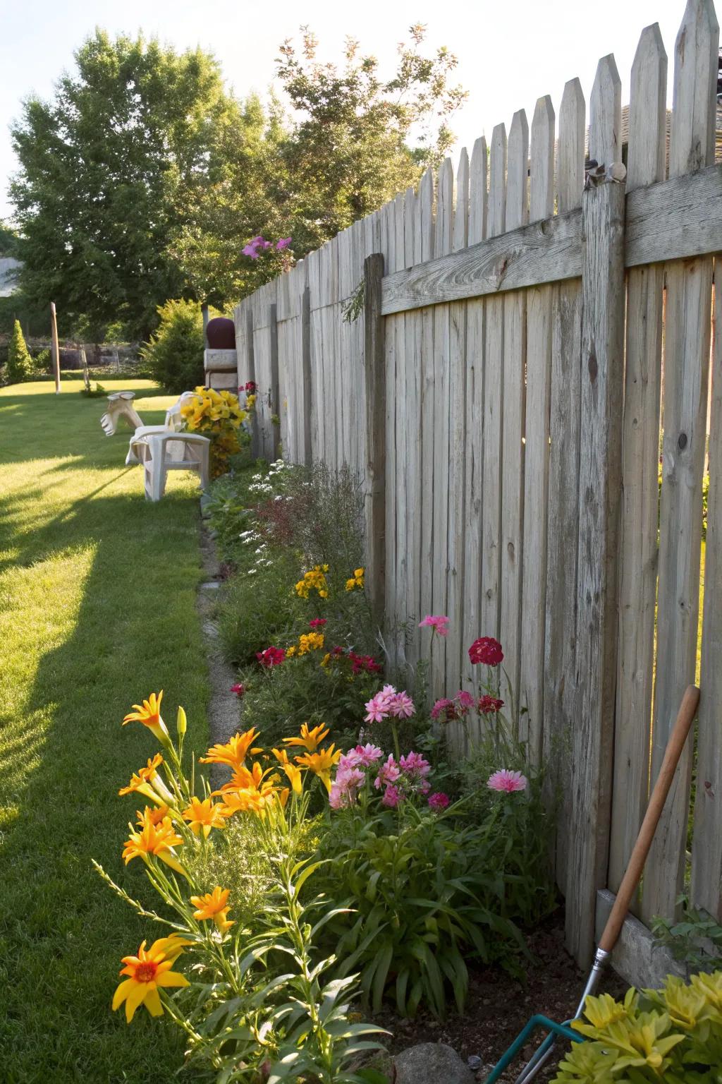 A timeless vertical board fence adds charm to any garden.
