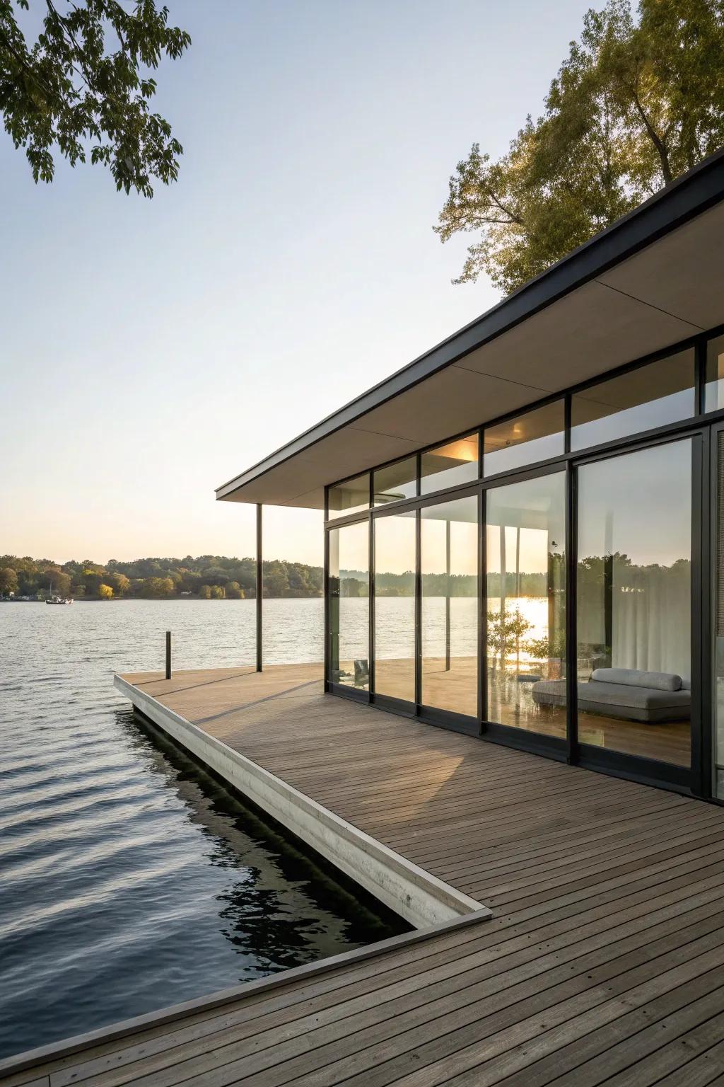 A minimalist boat house featuring expansive glass windows and a wooden deck.