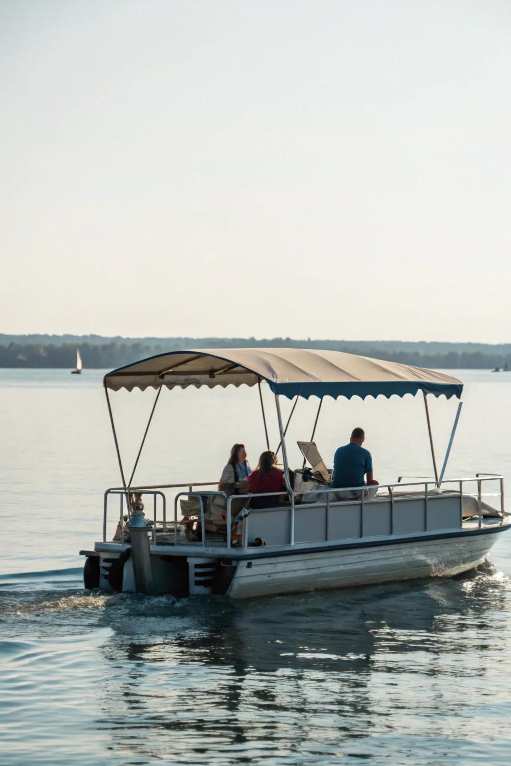 A Bimini top offers full coverage and comfort on sunny days.