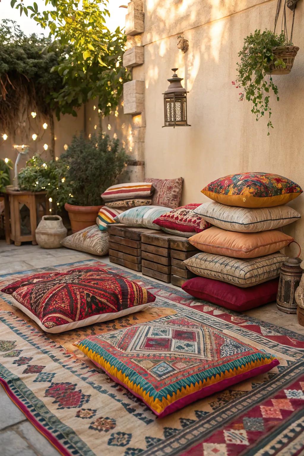 Layered textiles bring warmth and character to any bohemian patio.