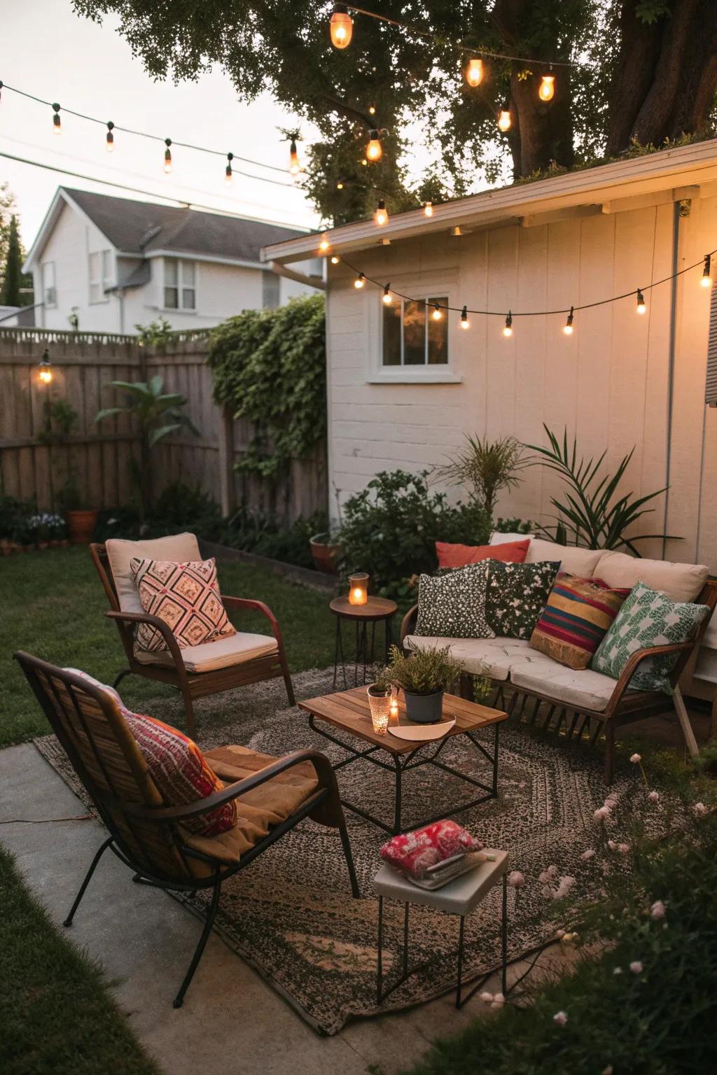 Mismatched seating and plush cushions create a welcoming boho seating area.