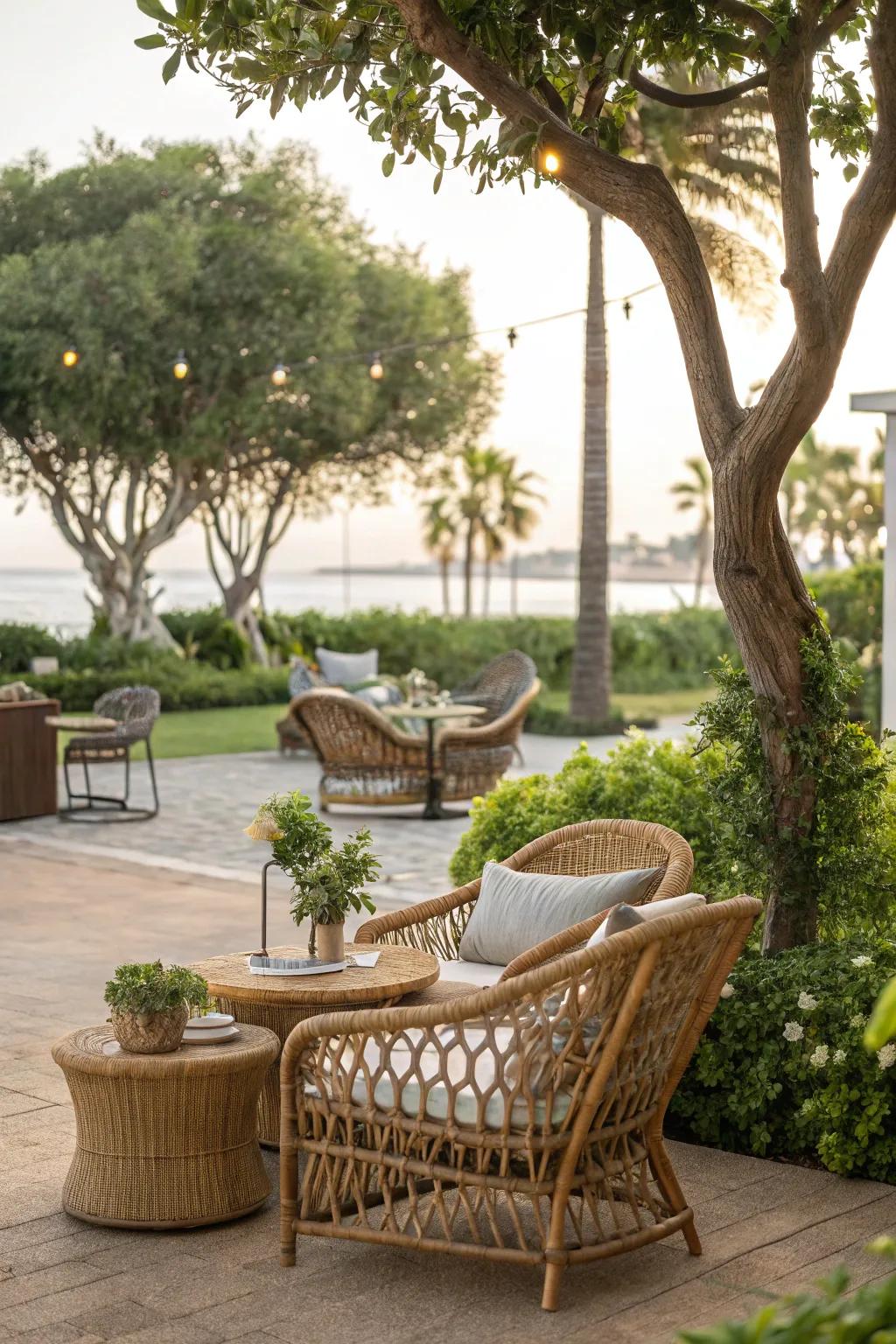 Rattan furniture creates a natural and inviting boho atmosphere.