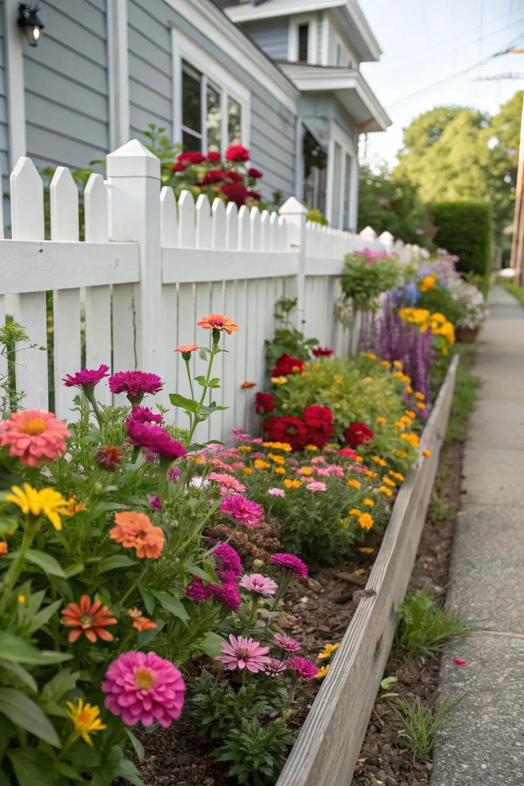 A colorful floral border adds vibrancy to a narrow garden bed.