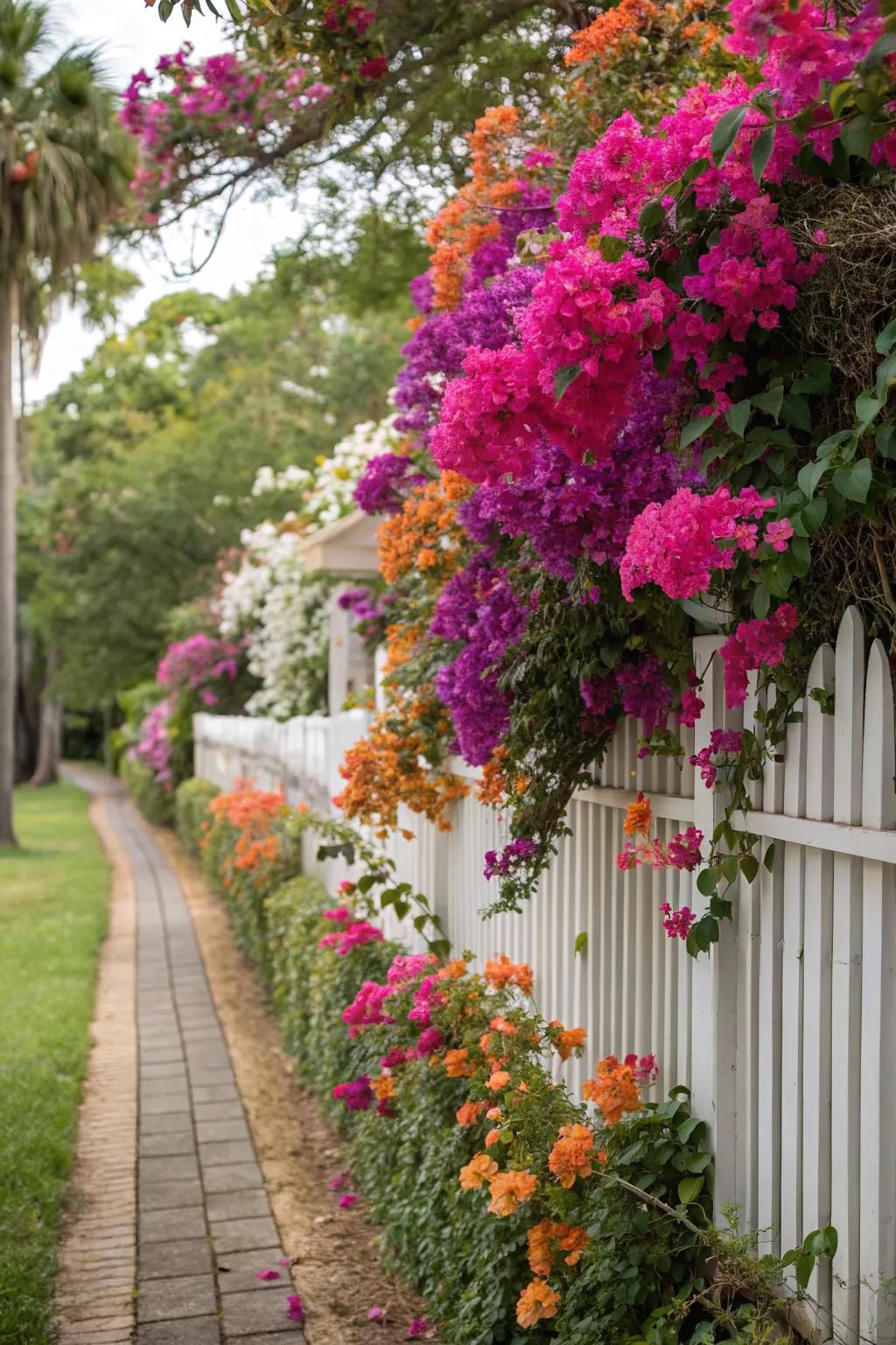A rainbow of bougainvilleas brings your fence to life.
