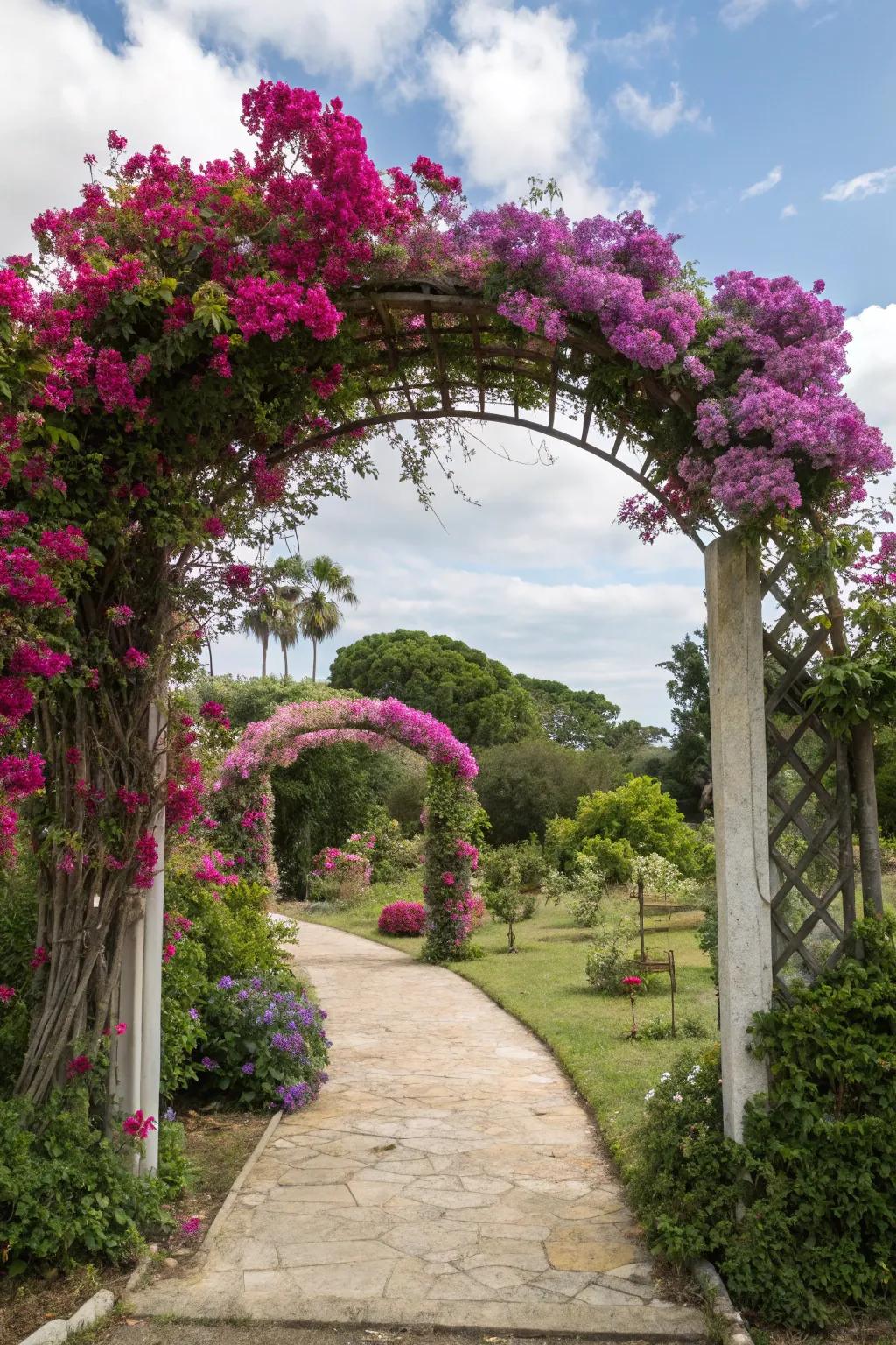 Bougainvillea-covered archway creates a magical garden entrance.