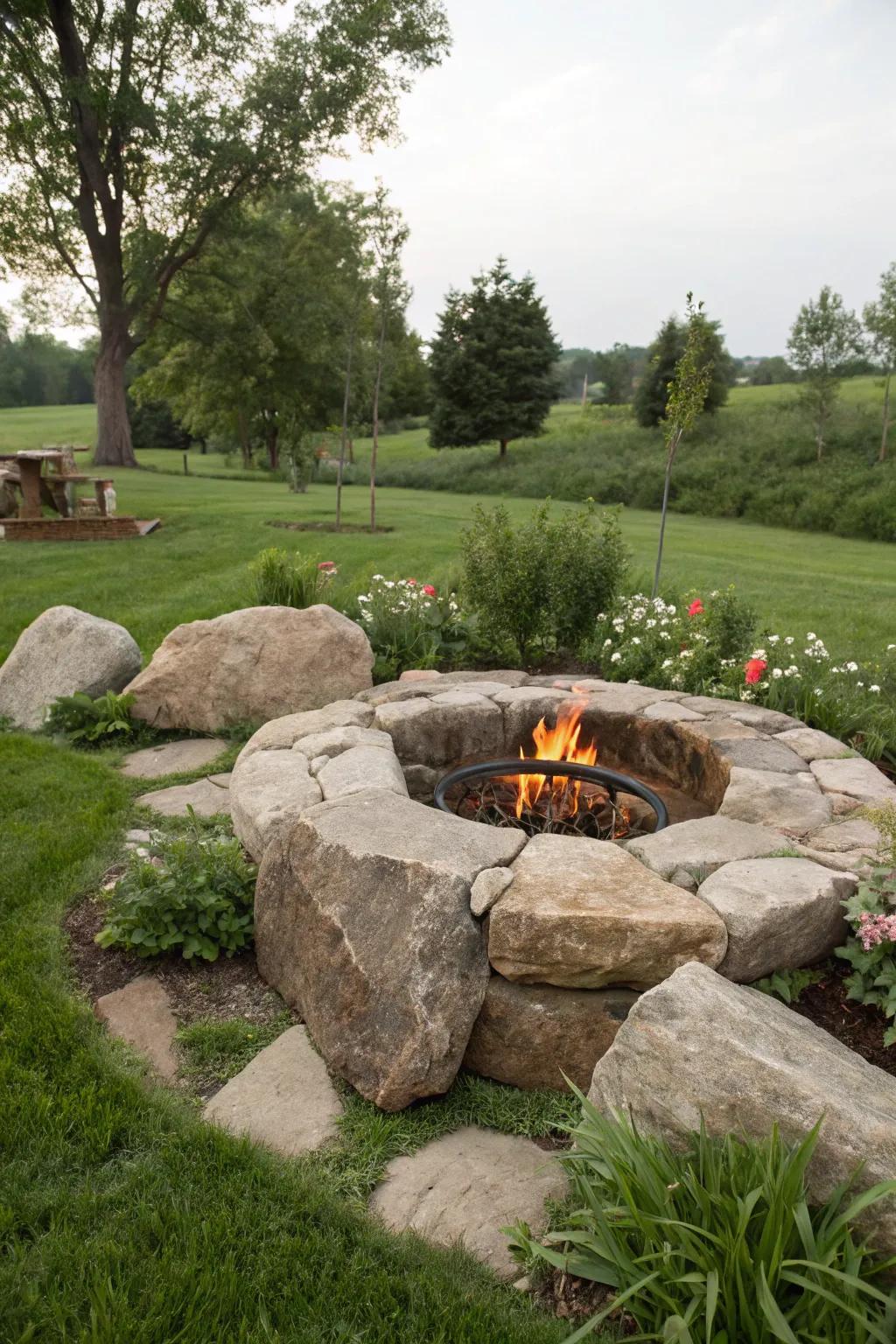 A classic stone circle fire pit offers timeless appeal.