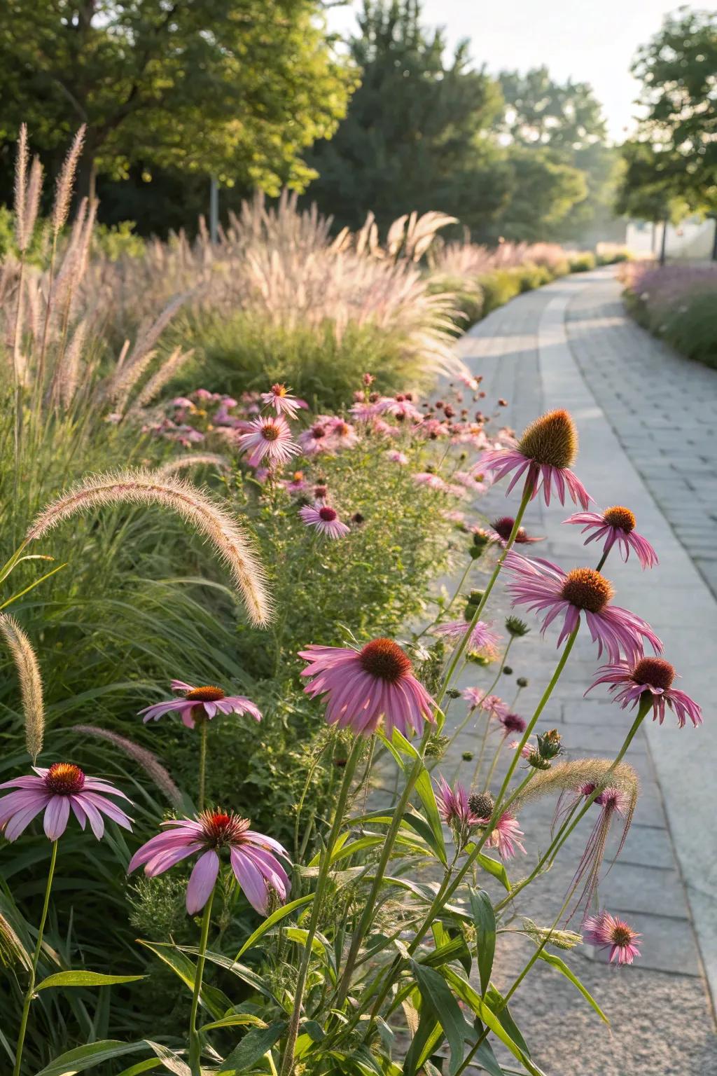 Native purple coneflowers and prairie dropseed in a boulevard garden.