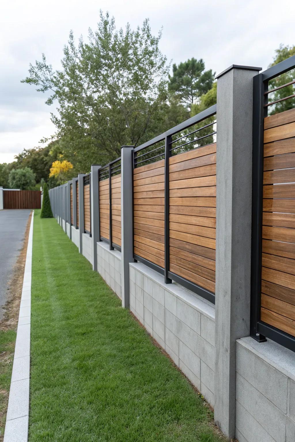 A modern boundary fence using a mix of wood, metal, and concrete.